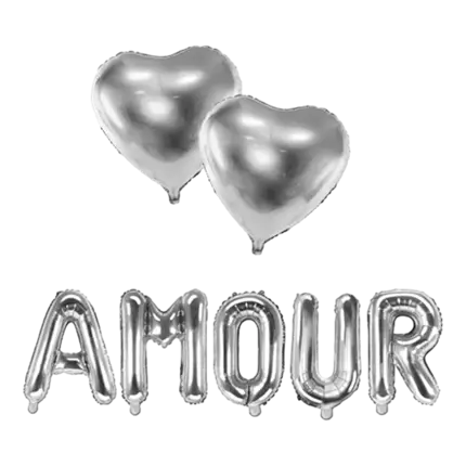 PACK BALLONS "AMOUR" + 2 BALLONS COEURS ARGENT .