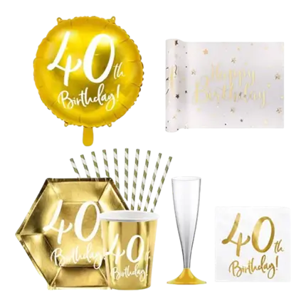 Pack "40th Birthday" - Blanc et or métallique - 12 personnes 