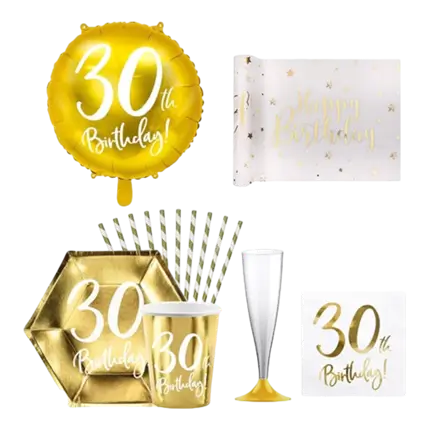 Pack "30th Birthday" - Blanc et or métallique - 12 personnes 