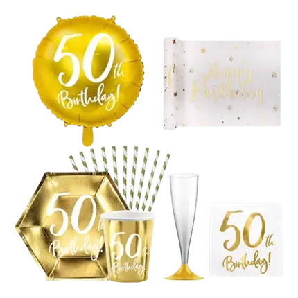 Pack "50th Birthday" - Blanc et or métallique - 12 personnes 