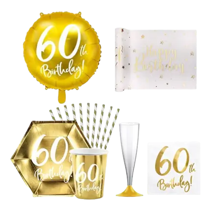 Pack "60th Birthday" - Blanc et or métallique - 12 personnes 