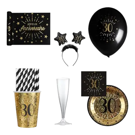 Pack "30ans" noir et or scintillant - 10 personnes 