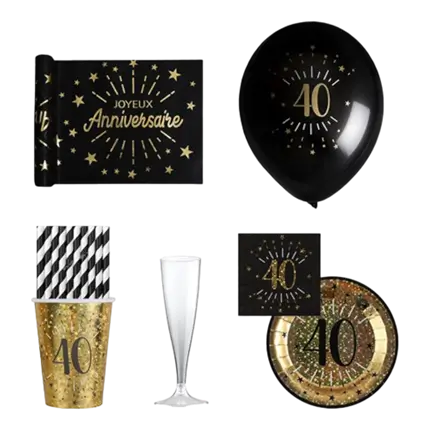 Pack "40ans" noir et or scintillant - 10 personnes 