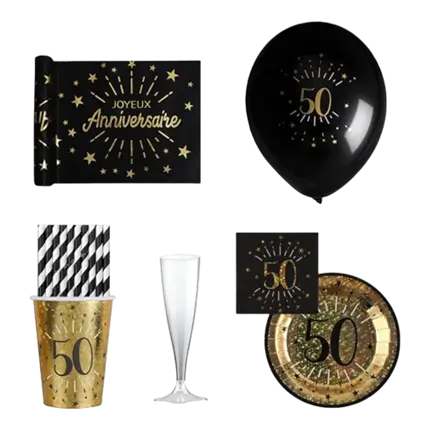 Pack "50ans" noir et or scintillant - 10 personnes 