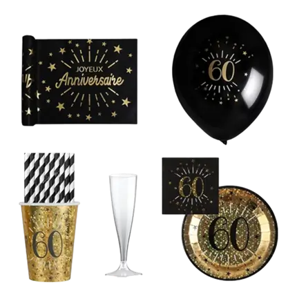 Pack "60ans" noir et or scintillant - 10 personnes