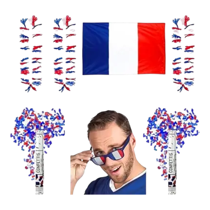 Kit Supporter France Allez les Bleus 7 accessoires : Lunettes, 3 Colliers Hawaïen Tricolores, 2 Canons à Confettis, 1 Drapeau France 150x90cm 