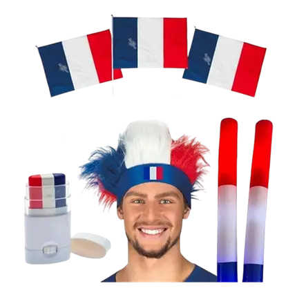 Kit Supporter France Allez les Bleus 7 Accessoires : Coiffe, Maquillage à Bande, 3 Drapeaux France 30x45cm, 2 Batons LED Tricolores