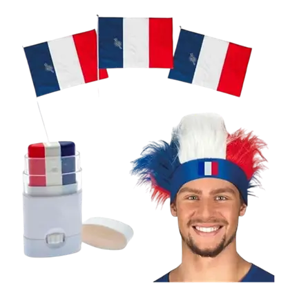 Kit Supporter France Allez les Bleus 5 Accessoires : Coiffe, Maquillage à Bande Bleu Blanc Rouge, 3 Drapeaux France 30x45cm