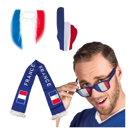 Kit Supporter France Allez les Bleus 4 accessoires : Main Géante en Mousse 49cm, Barbe Tricolore, Echarpe France 135cm, Lunettes Bleues Grille France