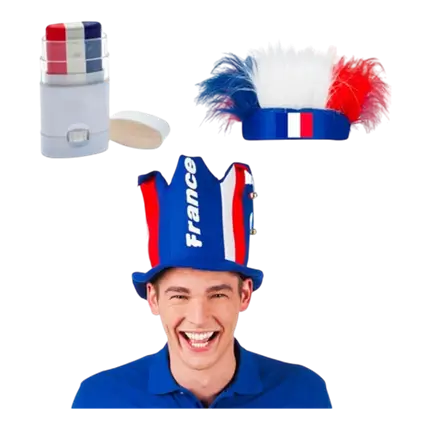 Kit Supporter France Allez les Bleus 3 accessoires : Coiffe France, Chapeau France à Clochettes, Maquillage à Bandes Bleu Blanc Rouge pour Foot Rugby