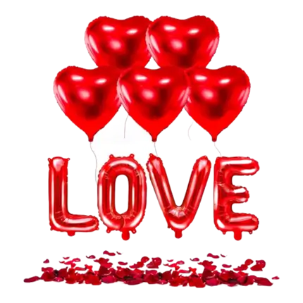 PACK ROMANTIQUE SAINT-VALENTIN - Ballons Cœur Rouge (x5) + 100 pétales de rose rouge + Ballon LOVE  