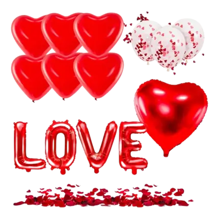 PACK LOVE ROUGE - Ballon cœur rouge (x6) + 100 pétales de rose rouge + Ballon LOVE + ballons conffettis cœur rouge