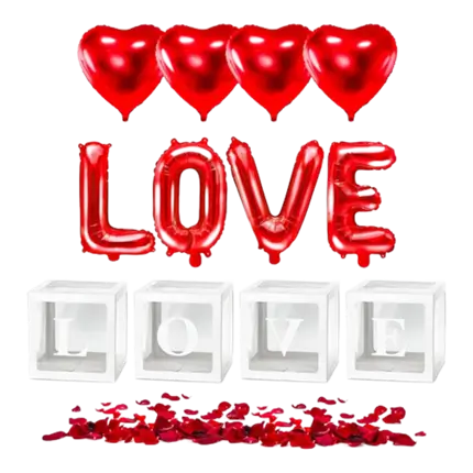 PACK LOVE TO LOVE - Cube Love + Ballon Cœur Rouge (x4) + 100 pétales de rose rouge + Ballon LOVE