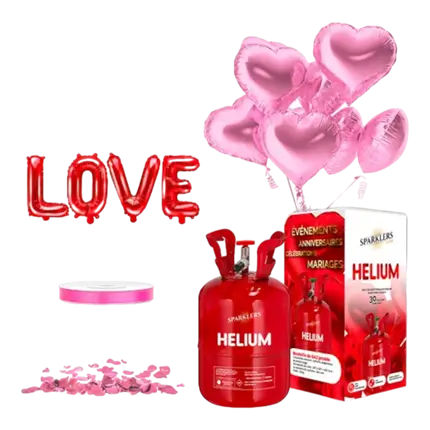 PACK MY VALENTINE PINK HEART - Ballons Cœur Rose (x10) + Bouteille Helium + 100 pétales de rose rouge + Ballon LOVE + Ruban