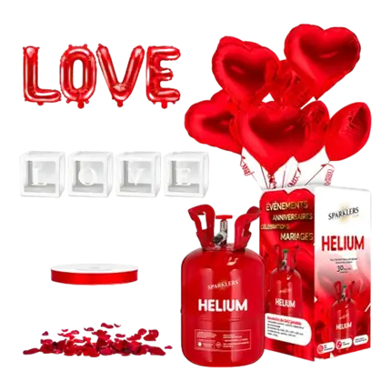 PACK BEST LOVE TO HEART - Cube Love + Ballon Cœur Rouge (x14) + Hélium 20 Ballons + 100 pétales de rose rouge + Ballon LOVE + Ruban