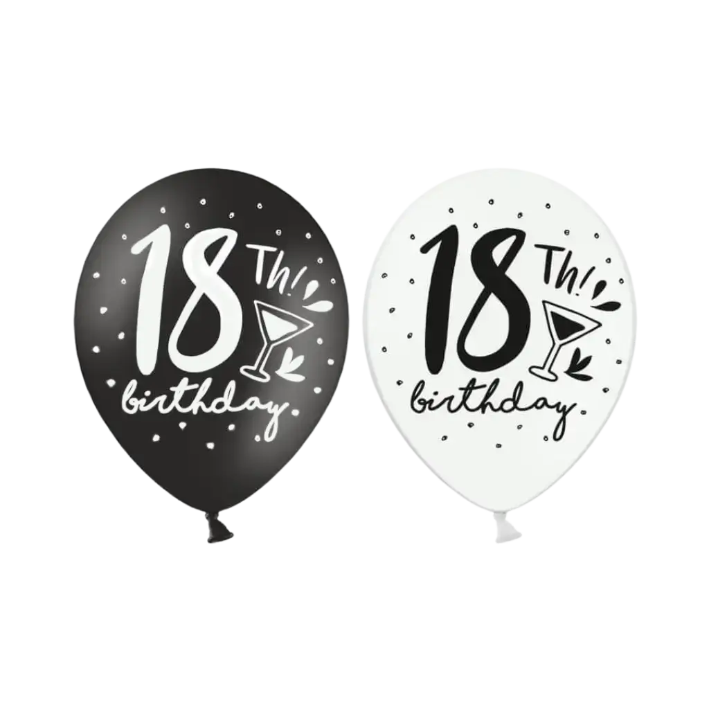 Ballons BIRTHDAY 18th Noirs &amp; Blancs (Lot de 6)