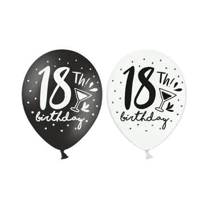 Ballons "BIRTHDAY 18th" Noirs & Blancs (Lot de 6)