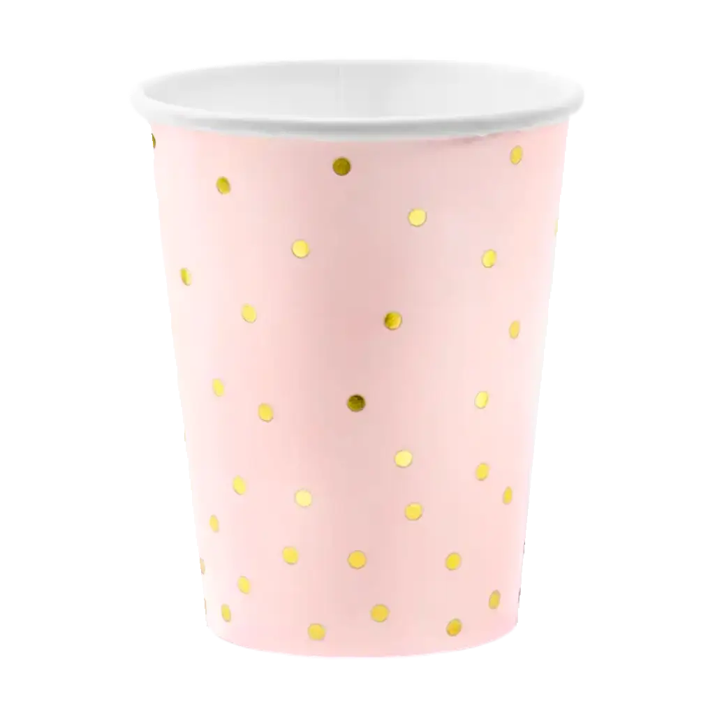 Lot de 6 verres en papier rose avec motif à pois doré