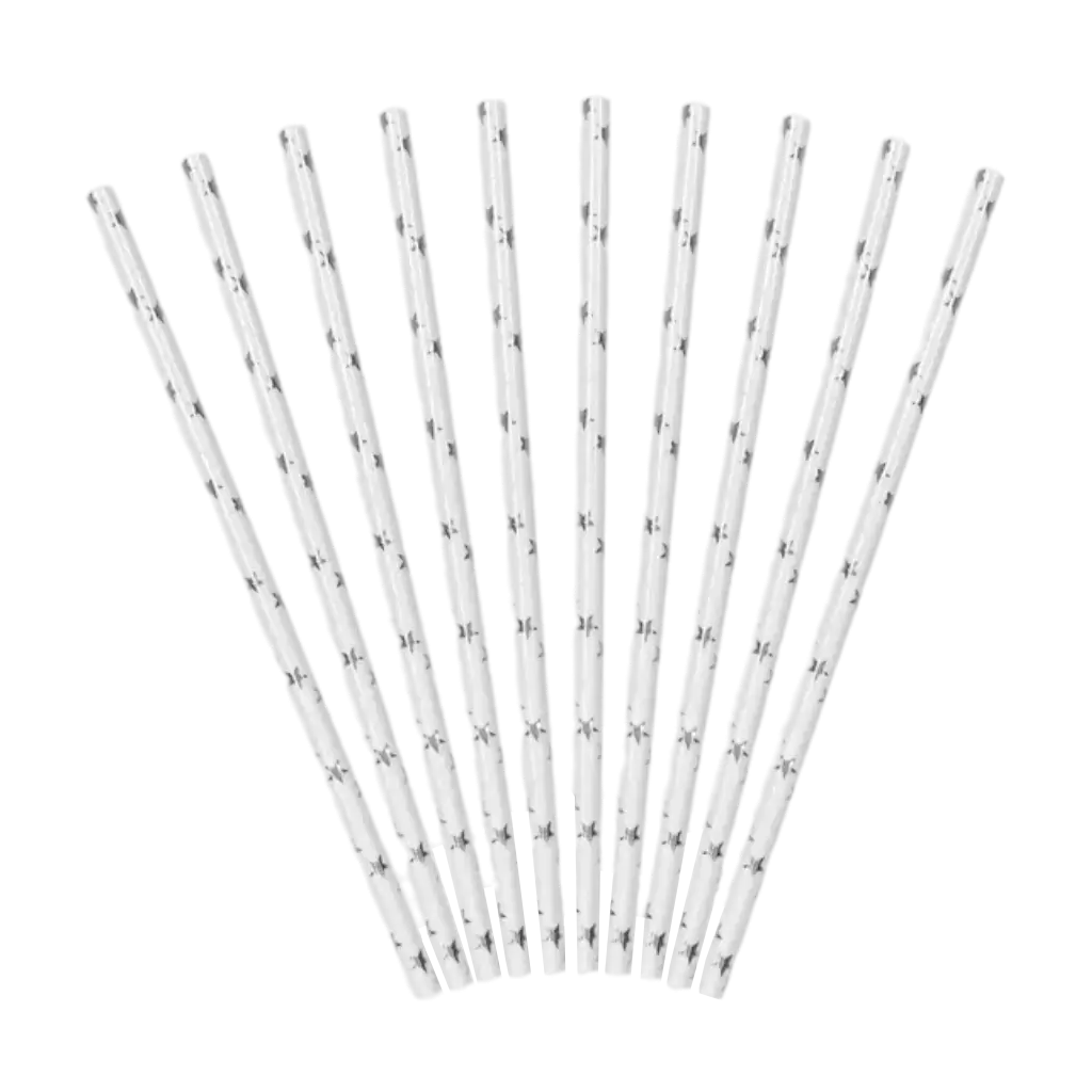 Paille en papier blanche étoile argent (lot de 10)