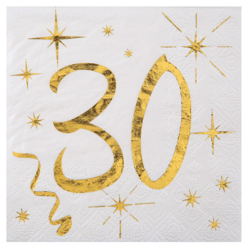 Serviettes Anniversaire30th Birthday - Blanc/Or - Lot de 20