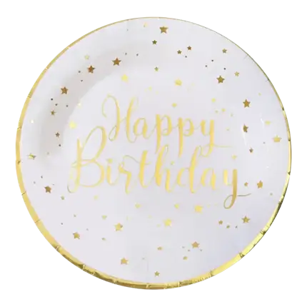 Assiette Happy Birthday Or/Blanc (lot de 10)