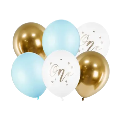 Lot de 6 Ballons 1st Birthday - Bleu/Blanc/Or - 30cm