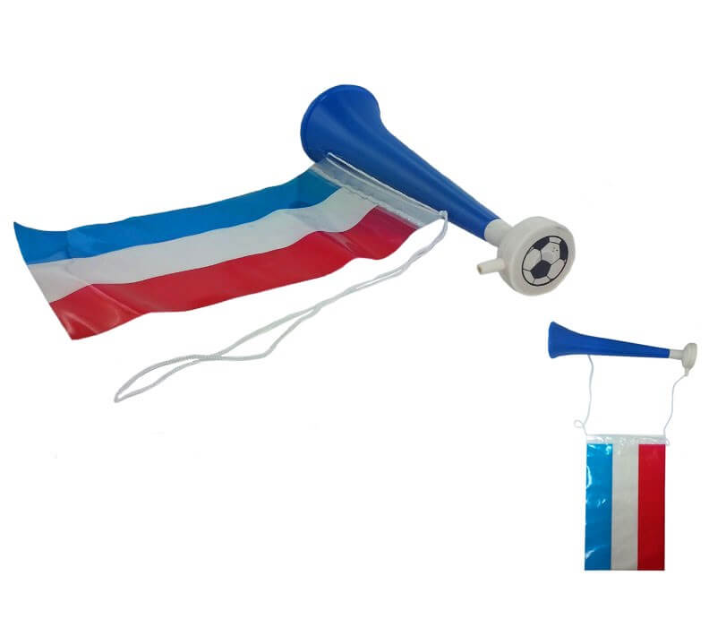 Kit Supporter France Allez les Bleus 6 accessoires : 3 Lanceurs Serpentins  France, Echarpe France 135cm, Trompette France 29cm, Collier Hawaïen France