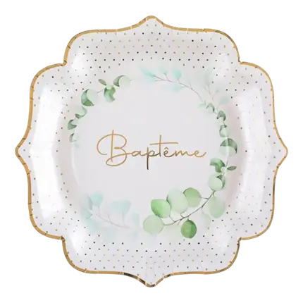 Assiette Baptême Feuillage - Lot de 10