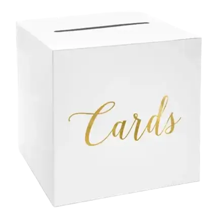 Urne blanche en papier avec inscription "Cards" en or